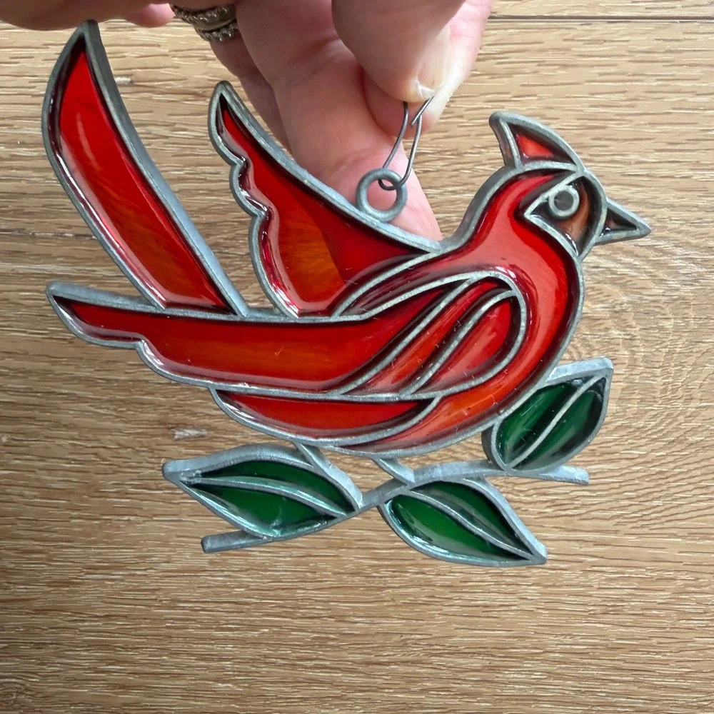 Vintage Red Cardinal Stained Glass Suncatcher Bird Window Hanging Ornament 4